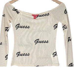GUESS Women's Sheer Logo Off Shoulder Top size M
